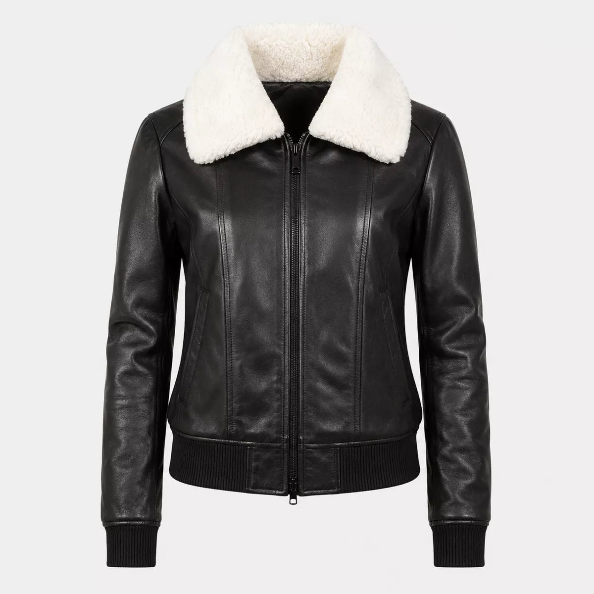Women’s Black Shearling Collar Leather Bomber Jacket |  Warm Zip-Up Jacket