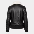 Women’s Black Shearling Collar Leather Bomber Jacket |  Warm Zip-Up Jacket