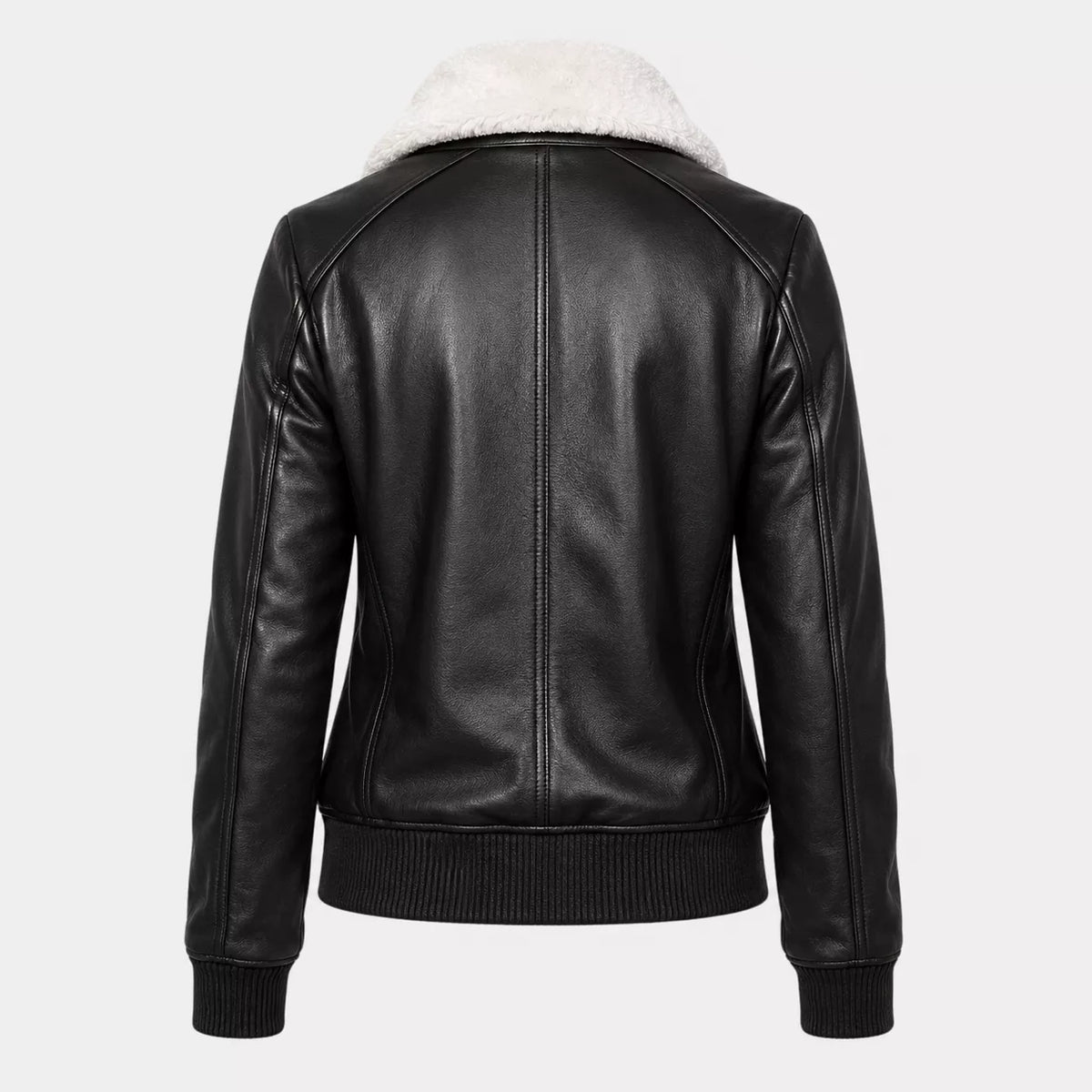 Women’s Black Shearling Collar Leather Bomber Jacket |  Warm Zip-Up Jacket