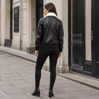 Women’s Black Shearling Collar Leather Bomber Jacket |  Warm Zip-Up Jacket