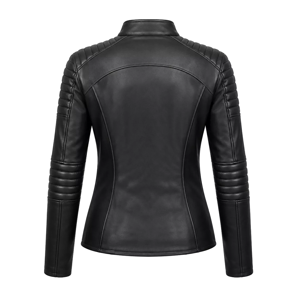 Women’s Black Skull Emblem Leather Biker Jacket | Zip-Up Moto Jacket