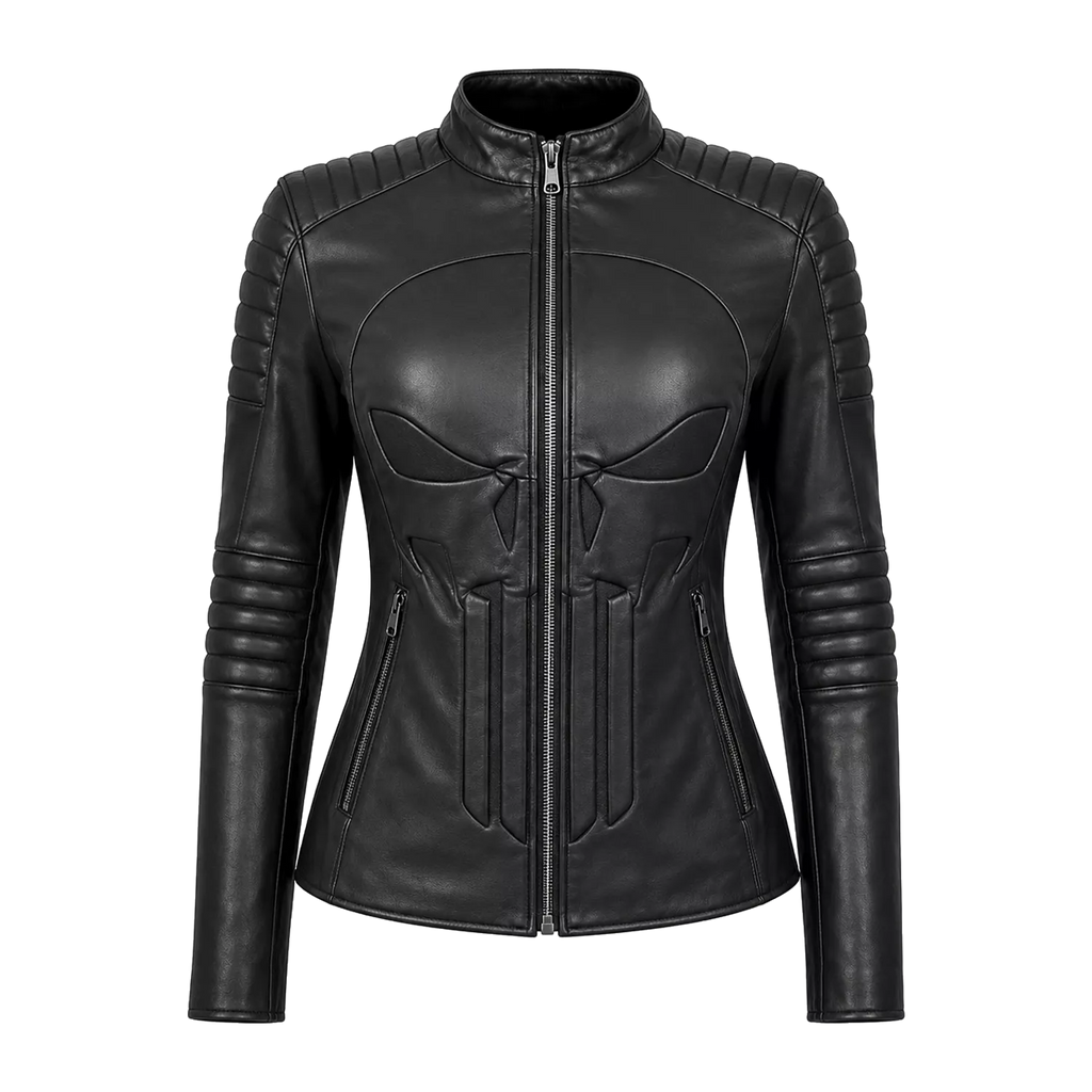 Women’s Black Skull Emblem Leather Biker Jacket | Zip-Up Moto Jacket