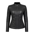 Women’s Black Skull Emblem Leather Biker Jacket | Zip-Up Moto Jacket