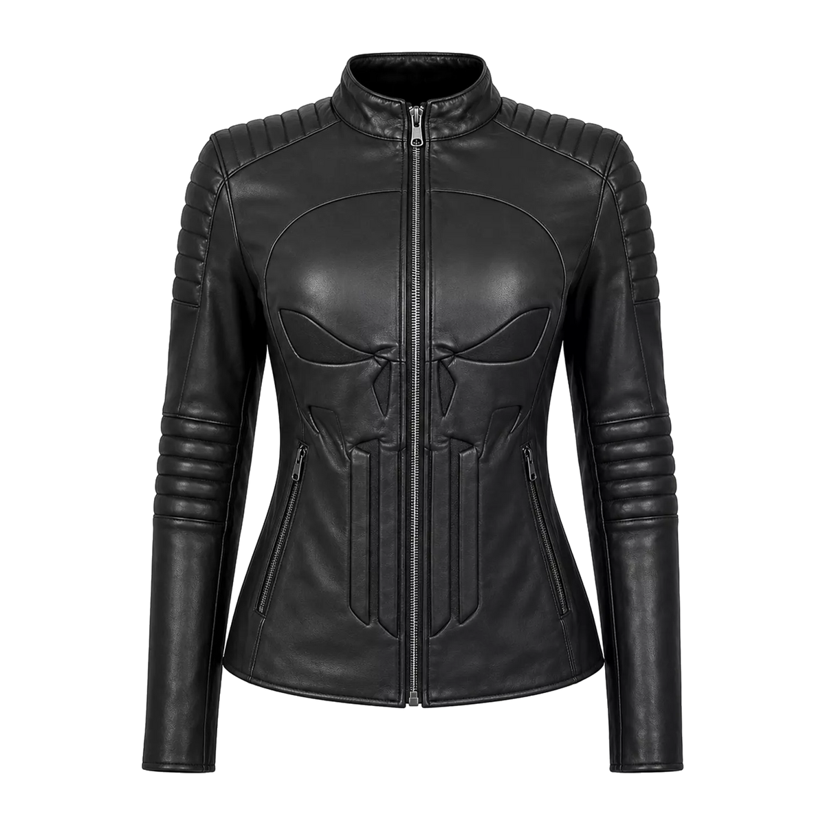 Women’s Black Skull Emblem Leather Biker Jacket | Zip-Up Moto Jacket
