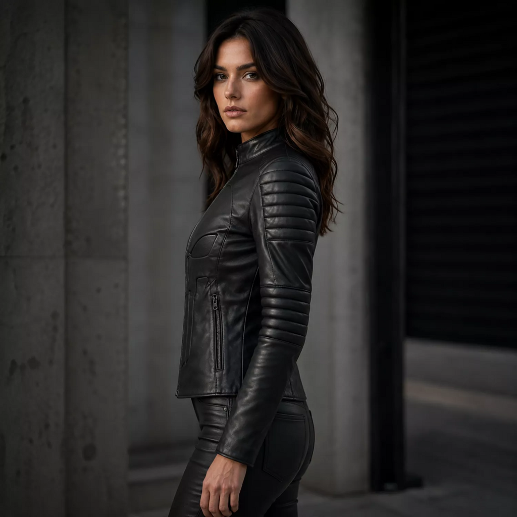Women’s Black Skull Emblem Leather Biker Jacket | Zip-Up Moto Jacket