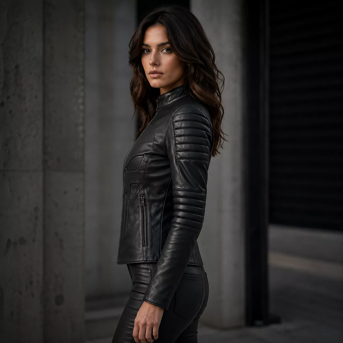 Women’s Black Skull Emblem Leather Biker Jacket | Zip-Up Moto Jacket