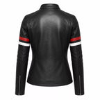 Women’s Black Stripe Sleeve Leather Jacket | Slim Fit Zip-Up Moto Jacket