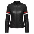 Women’s Black Stripe Sleeve Leather Jacket | Slim Fit Zip-Up Moto Jacket