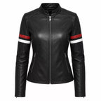 Women’s Black Stripe Sleeve Leather Jacket | Slim Fit Zip-Up Moto Jacket