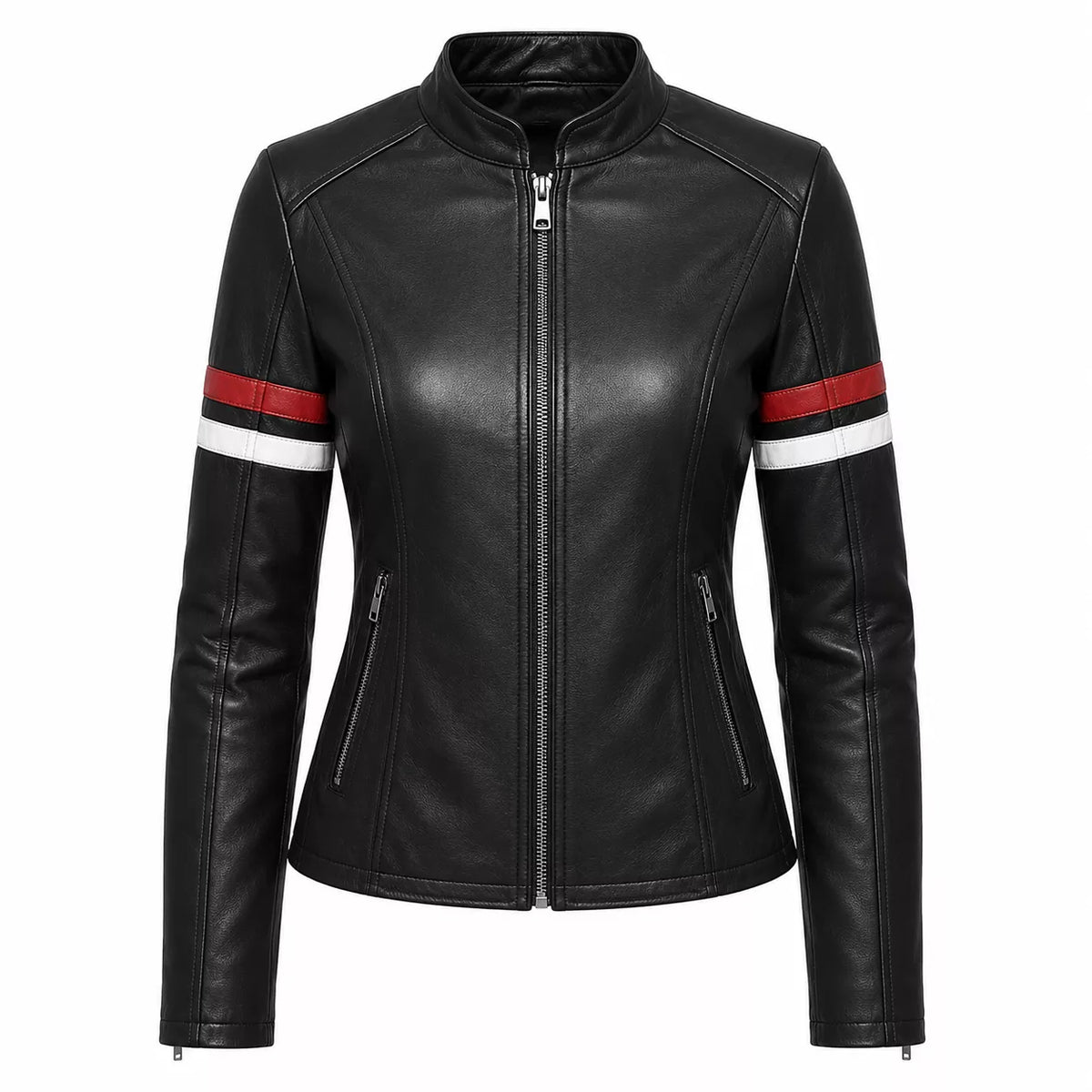 Women’s Black Stripe Sleeve Leather Jacket | Slim Fit Zip-Up Moto Jacket
