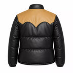Women's Black Tan Leather Puffer Jacket | Snap Button Winter Jacket