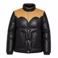 Women's Black Tan Leather Puffer Jacket | Snap Button Winter Jacket