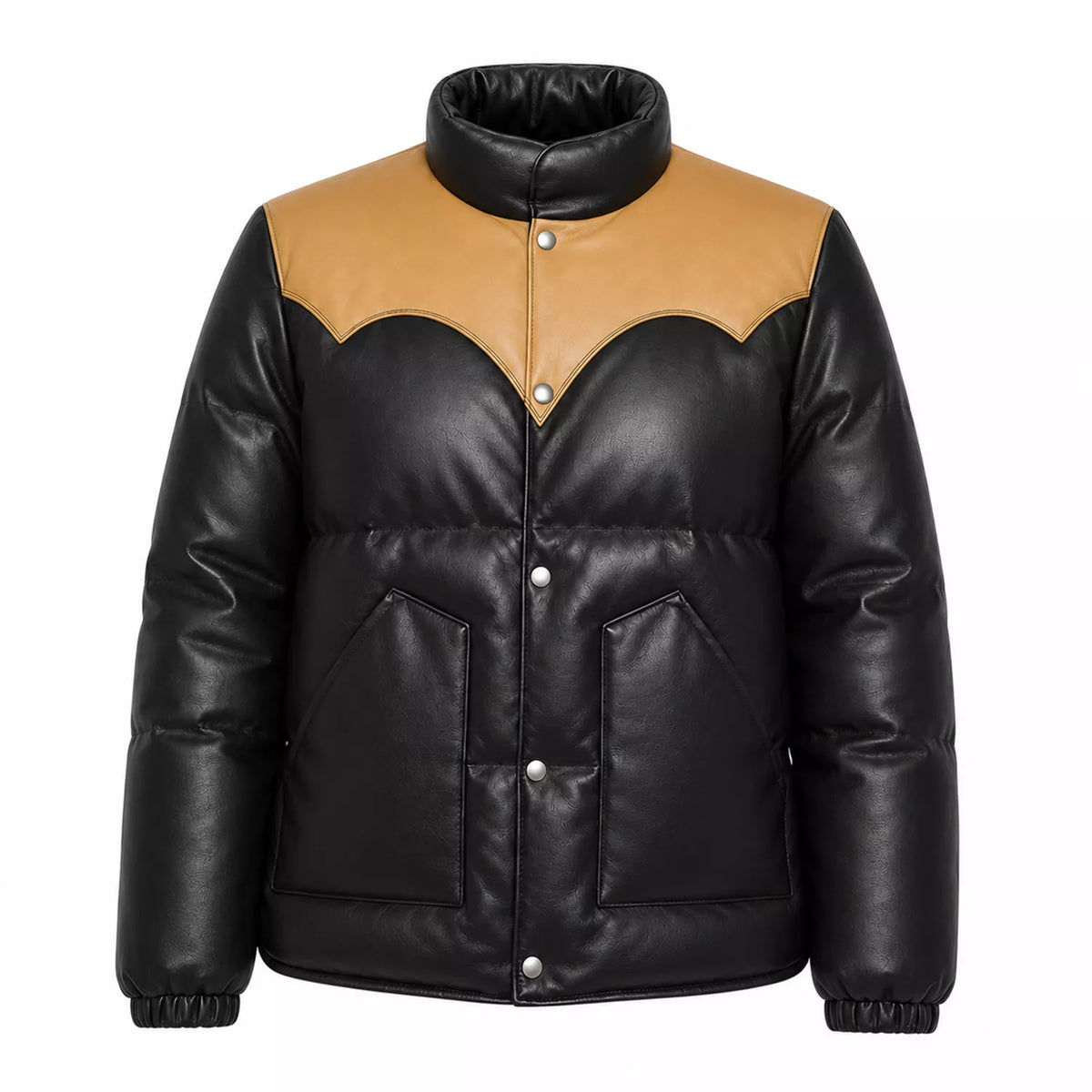 Women's Black Tan Leather Puffer Jacket | Snap Button Winter Jacket