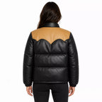 Women's Black Tan Leather Puffer Jacket | Snap Button Winter Jacket