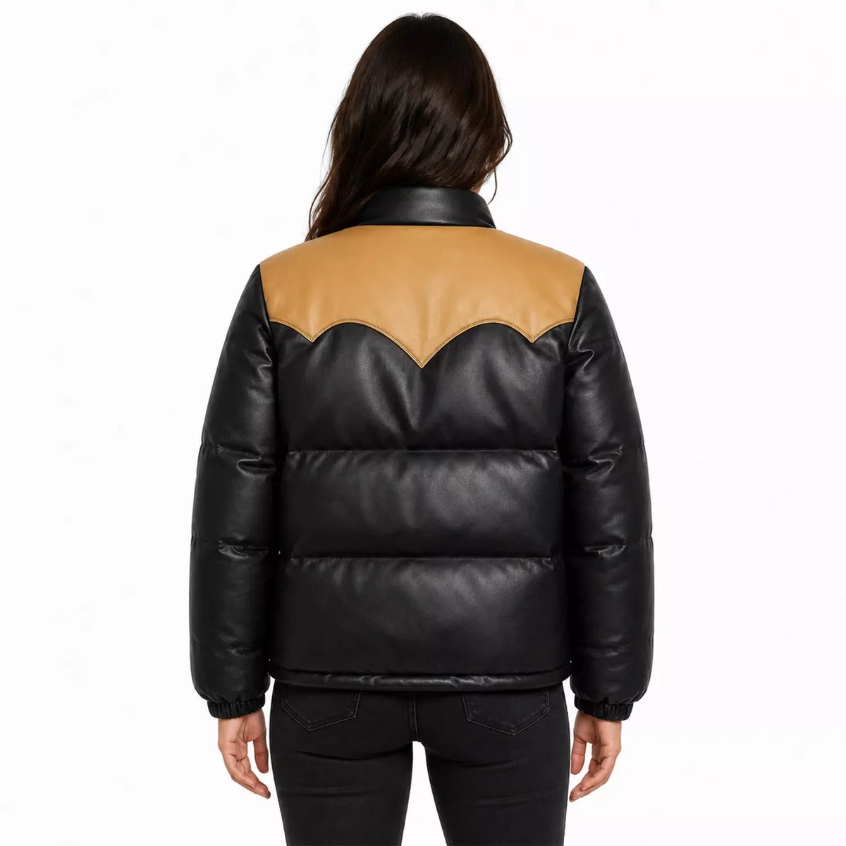Women's Black Tan Leather Puffer Jacket | Snap Button Winter Jacket