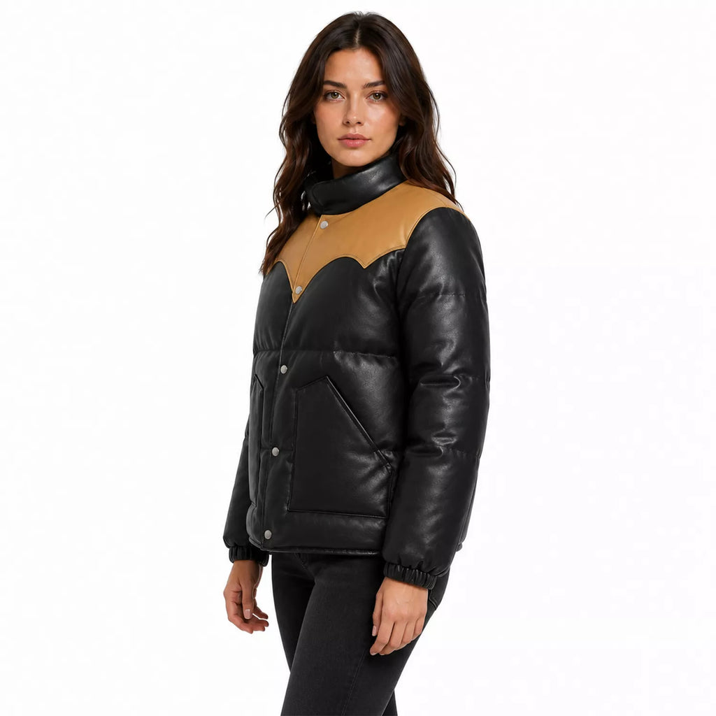Women's Black Tan Leather Puffer Jacket | Snap Button Winter Jacket