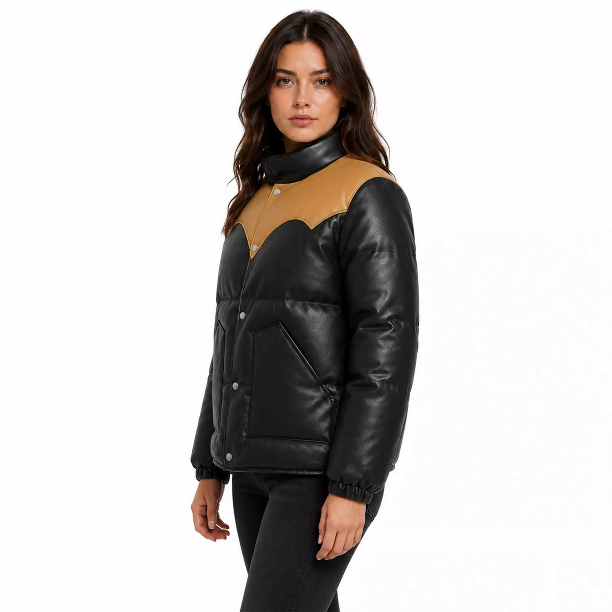 Women's Black Tan Leather Puffer Jacket | Snap Button Winter Jacket