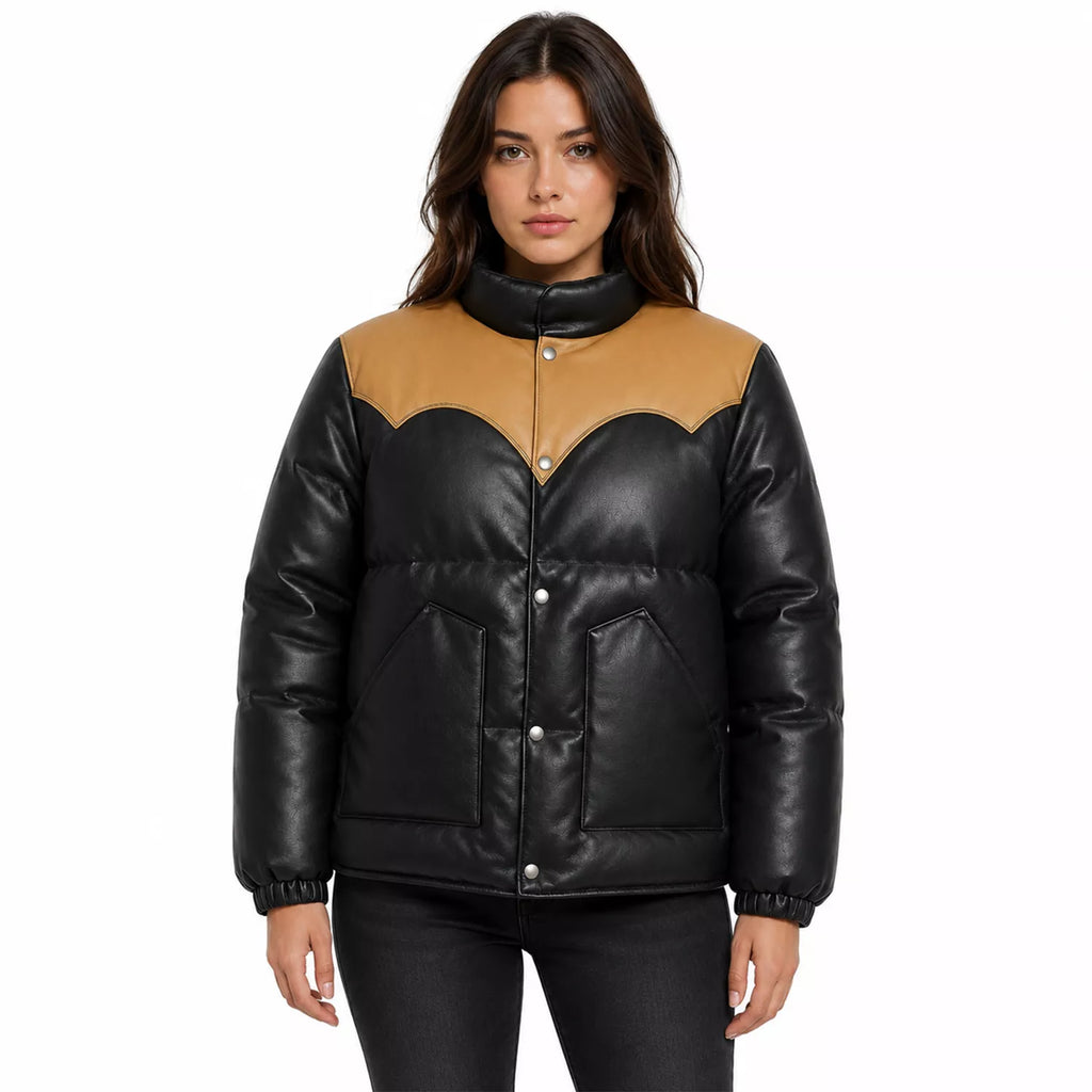 Women's Black Tan Leather Puffer Jacket | Snap Button Winter Jacket