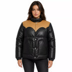 Women's Black Tan Leather Puffer Jacket | Snap Button Winter Jacket