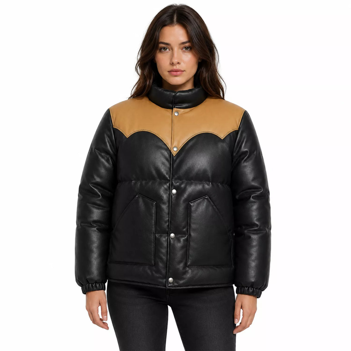 Women's Black Tan Leather Puffer Jacket | Snap Button Winter Jacket