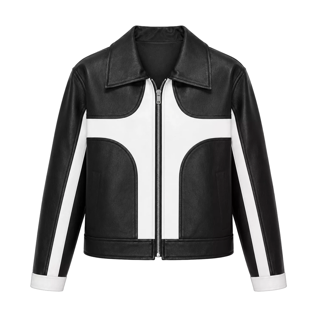 Women's Black White Leather Moto Jacket | Zip-Up Biker Style Jacket