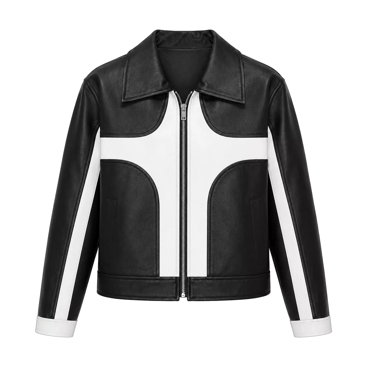 Women's Black White Leather Moto Jacket | Zip-Up Biker Style Jacket
