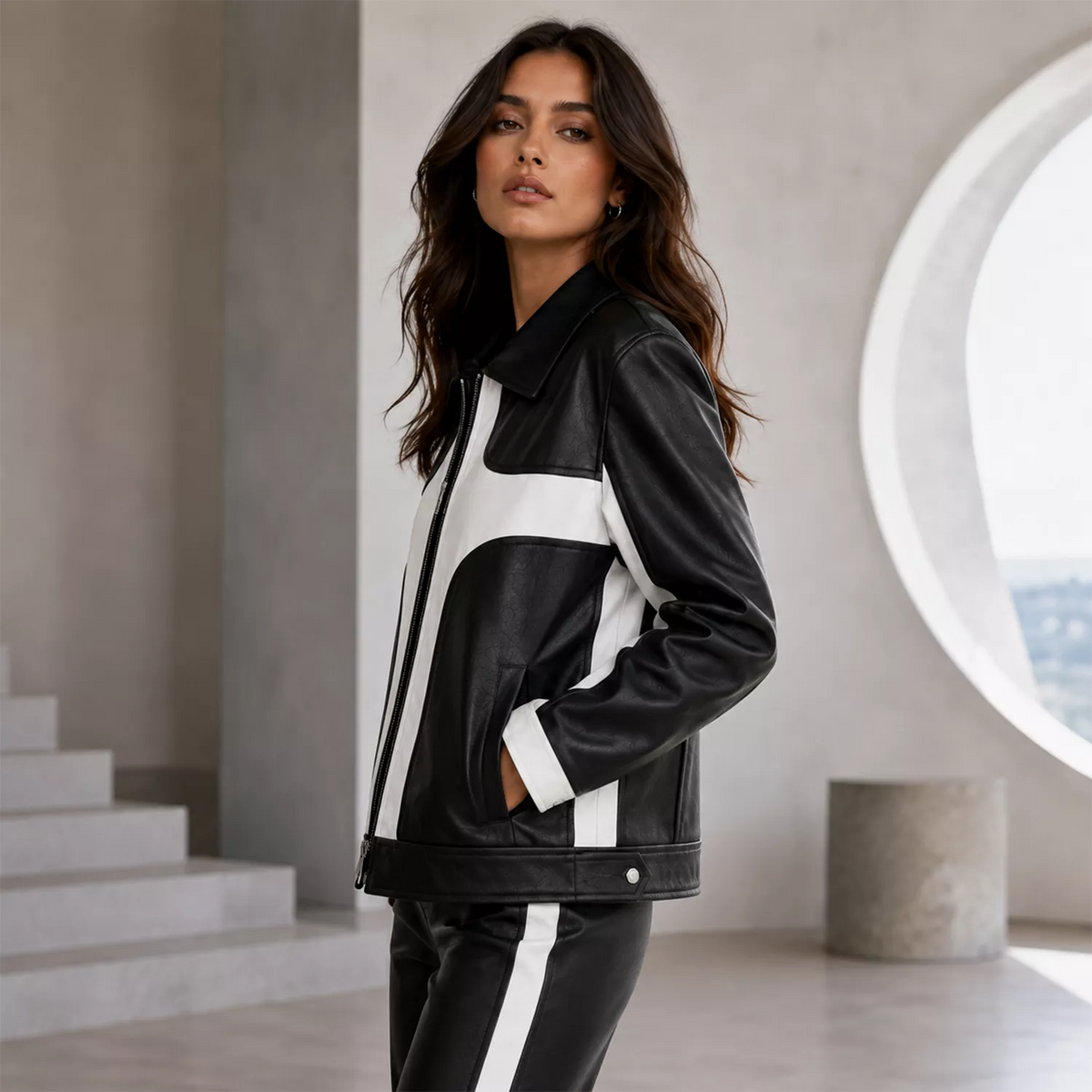 Women's Black White Leather Moto Jacket | Zip-Up Biker Style Jacket