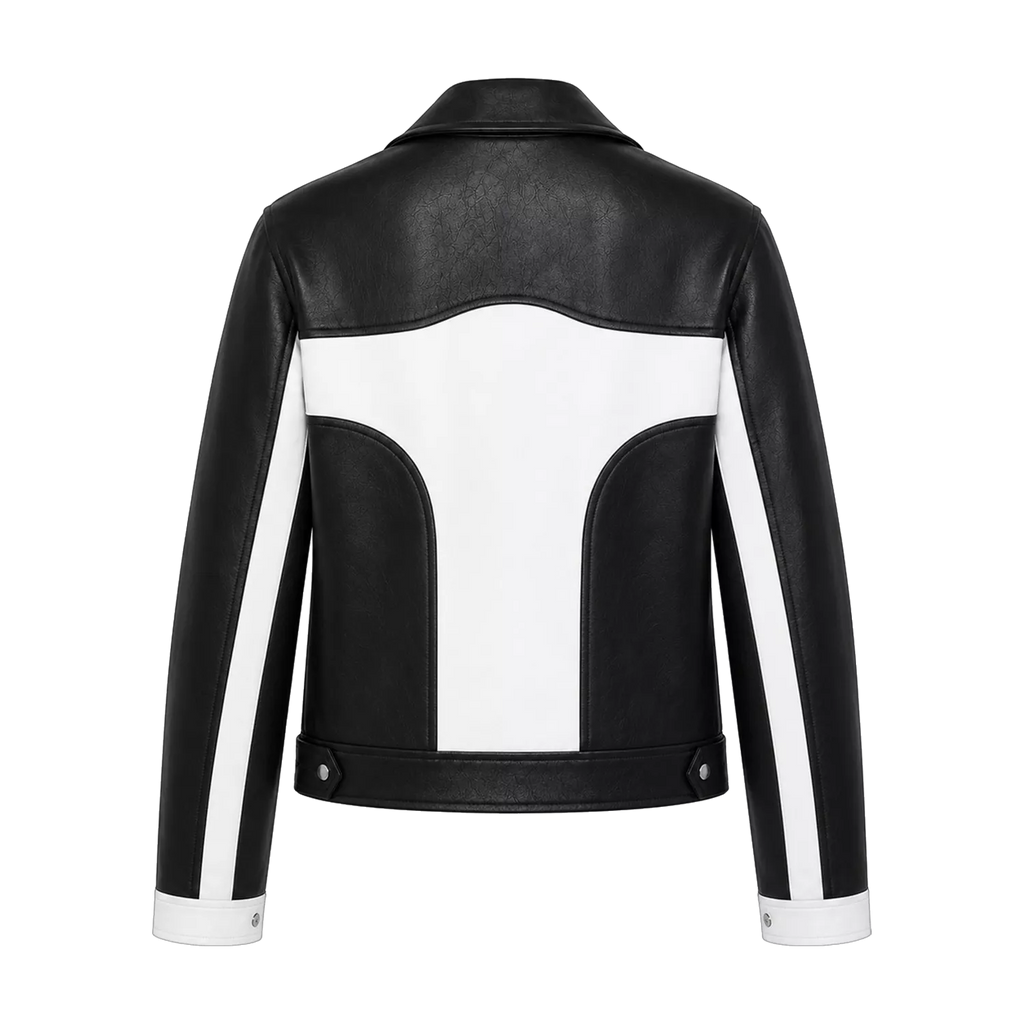 Women's Black White Leather Moto Jacket | Zip-Up Biker Style Jacket