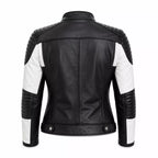 Women’s Black White Quilted Leather Biker Jacket | Moto Style Zip Jacket