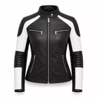 Women’s Black White Quilted Leather Biker Jacket | Moto Style Zip Jacket
