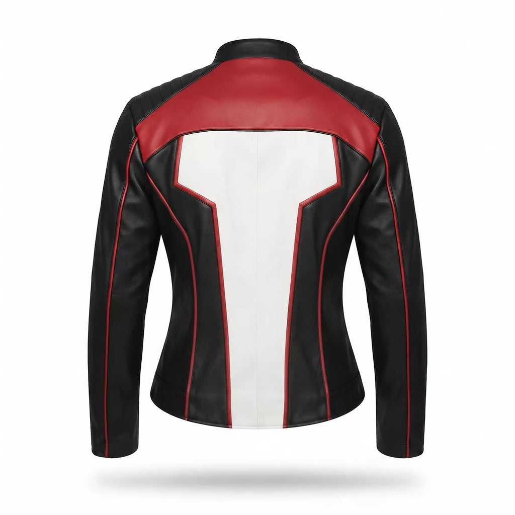 Women's Black White Red Leather Moto Jacket | Cropped Racing Style Jacket