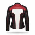 Women's Black White Red Leather Moto Jacket | Cropped Racing Style Jacket