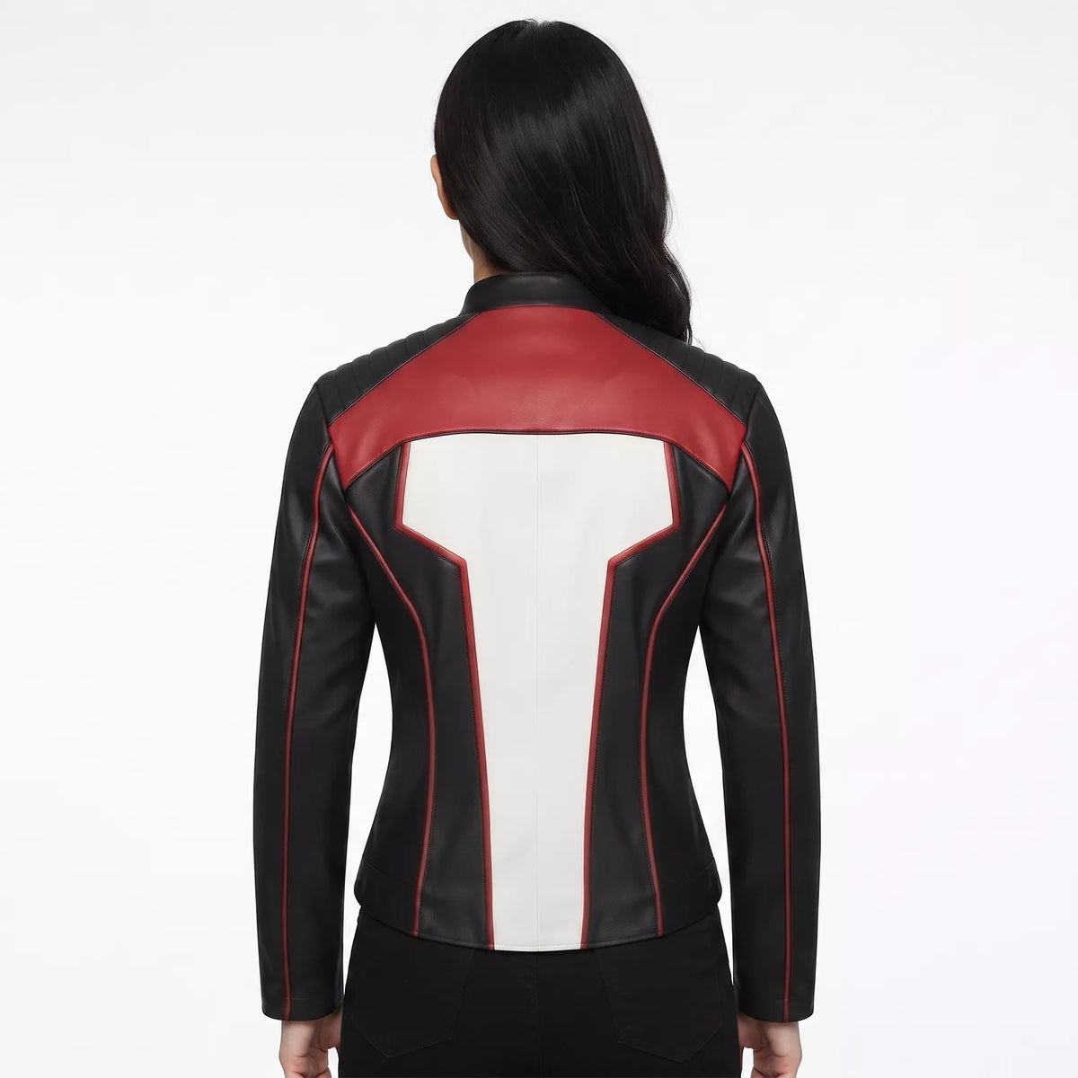 Women's Black White Red Leather Moto Jacket | Cropped Racing Style Jacket
