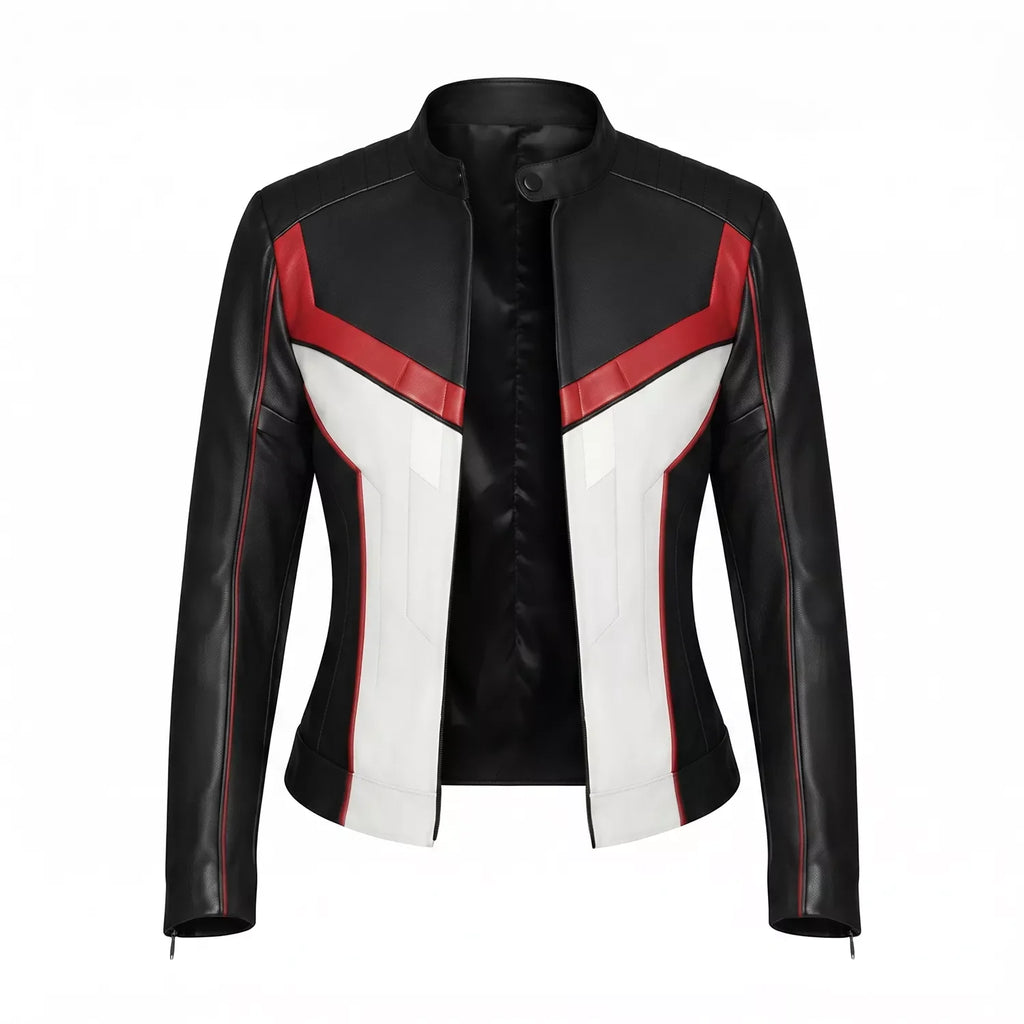 Women's Black White Red Leather Moto Jacket | Cropped Racing Style Jacket