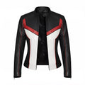 Women's Black White Red Leather Moto Jacket | Cropped Racing Style Jacket