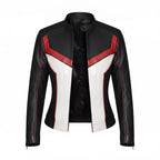 Women's Black White Red Leather Moto Jacket | Cropped Racing Style Jacket