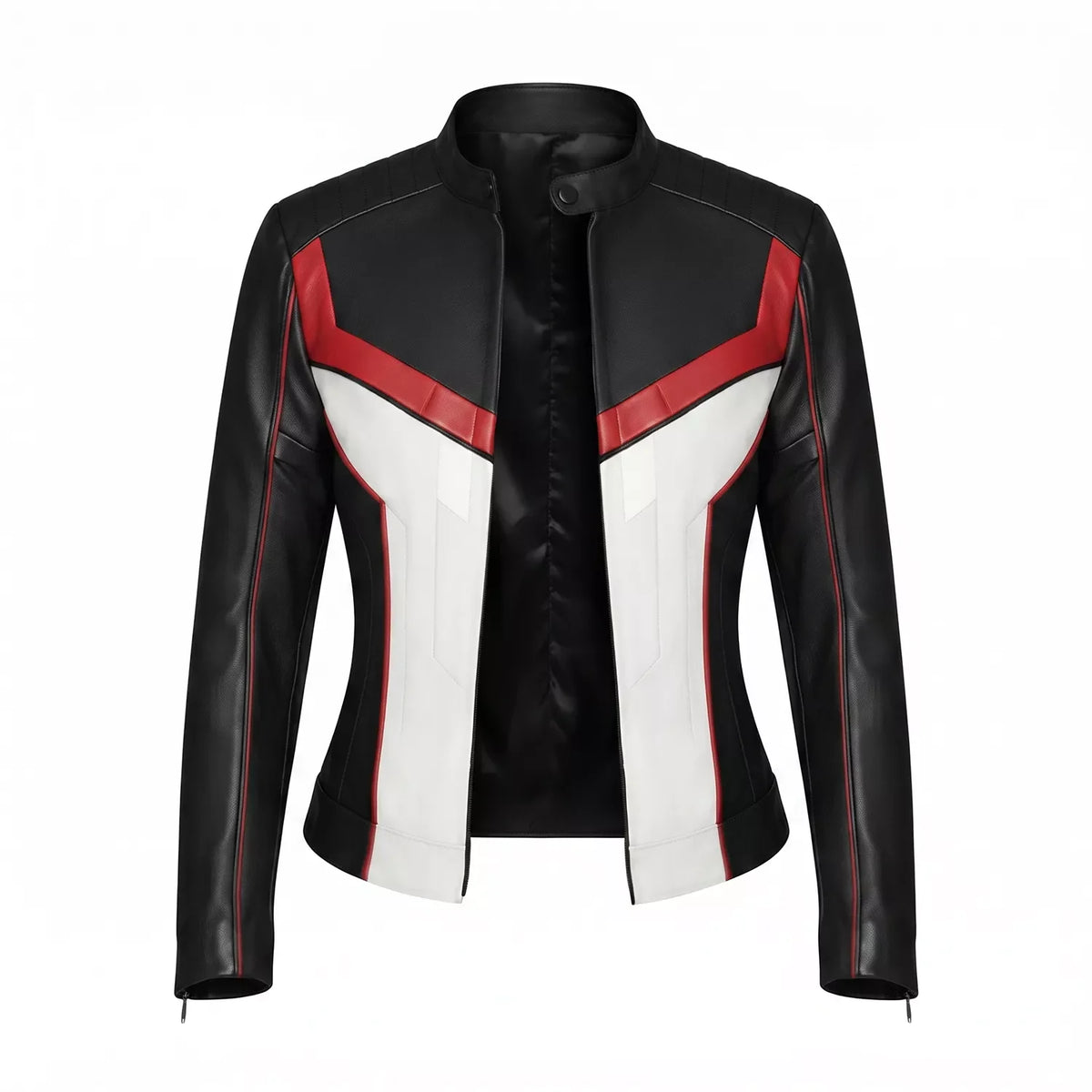 Women's Black White Red Leather Moto Jacket | Cropped Racing Style Jacket