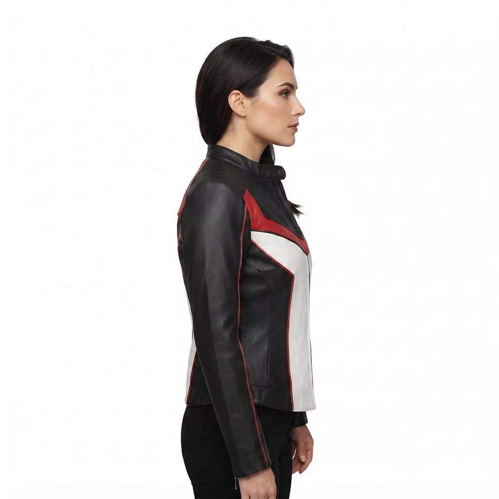 Women's Black White Red Leather Moto Jacket | Cropped Racing Style Jacket