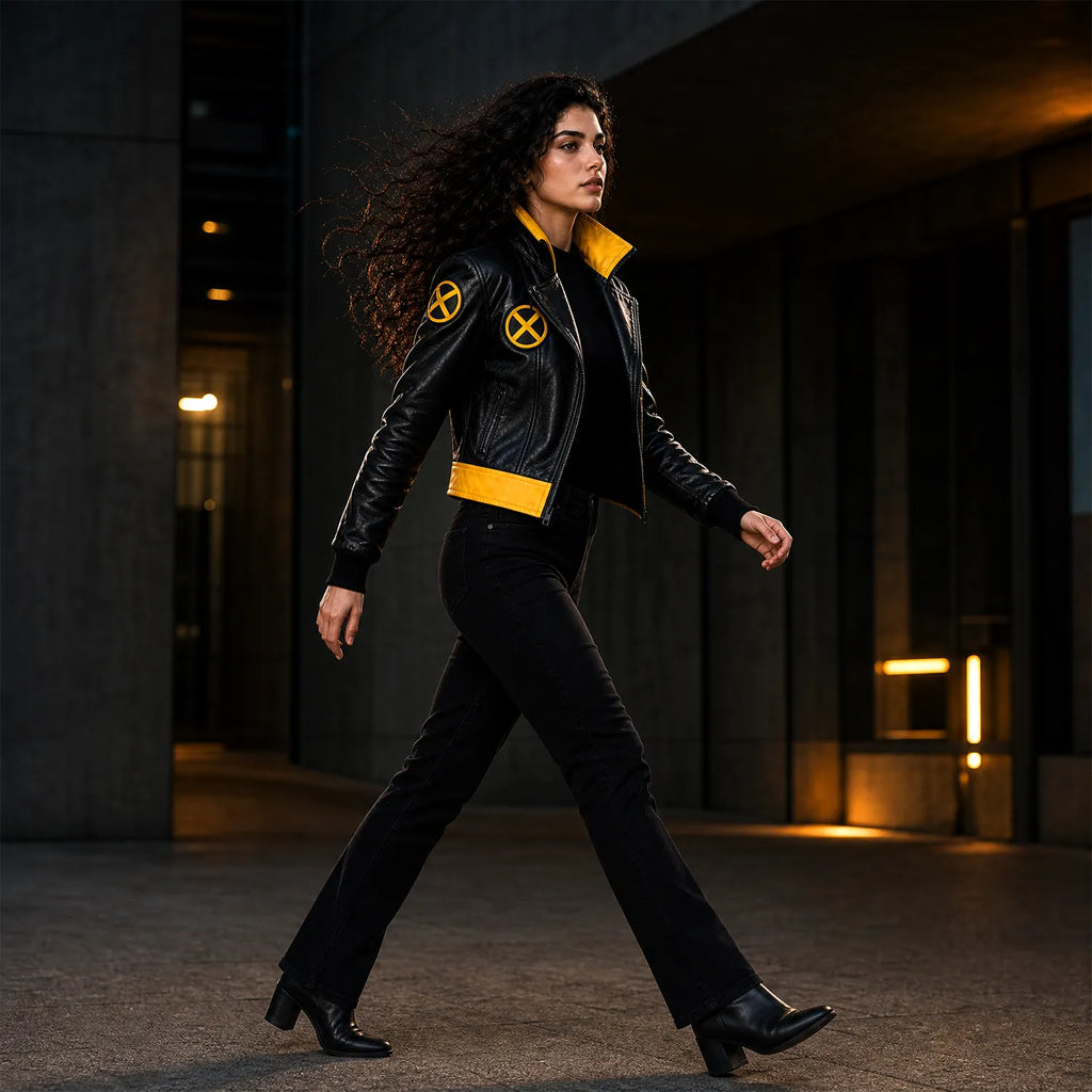 Halloween X-Men 97 Rogue Leather Jacket | Black Yellow Cropped Cosplay Costume Jacket