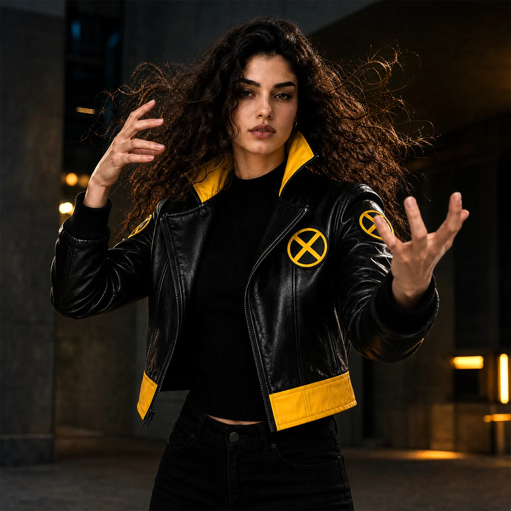 Halloween X-Men 97 Rogue Leather Jacket | Black Yellow Cropped Cosplay Costume Jacket