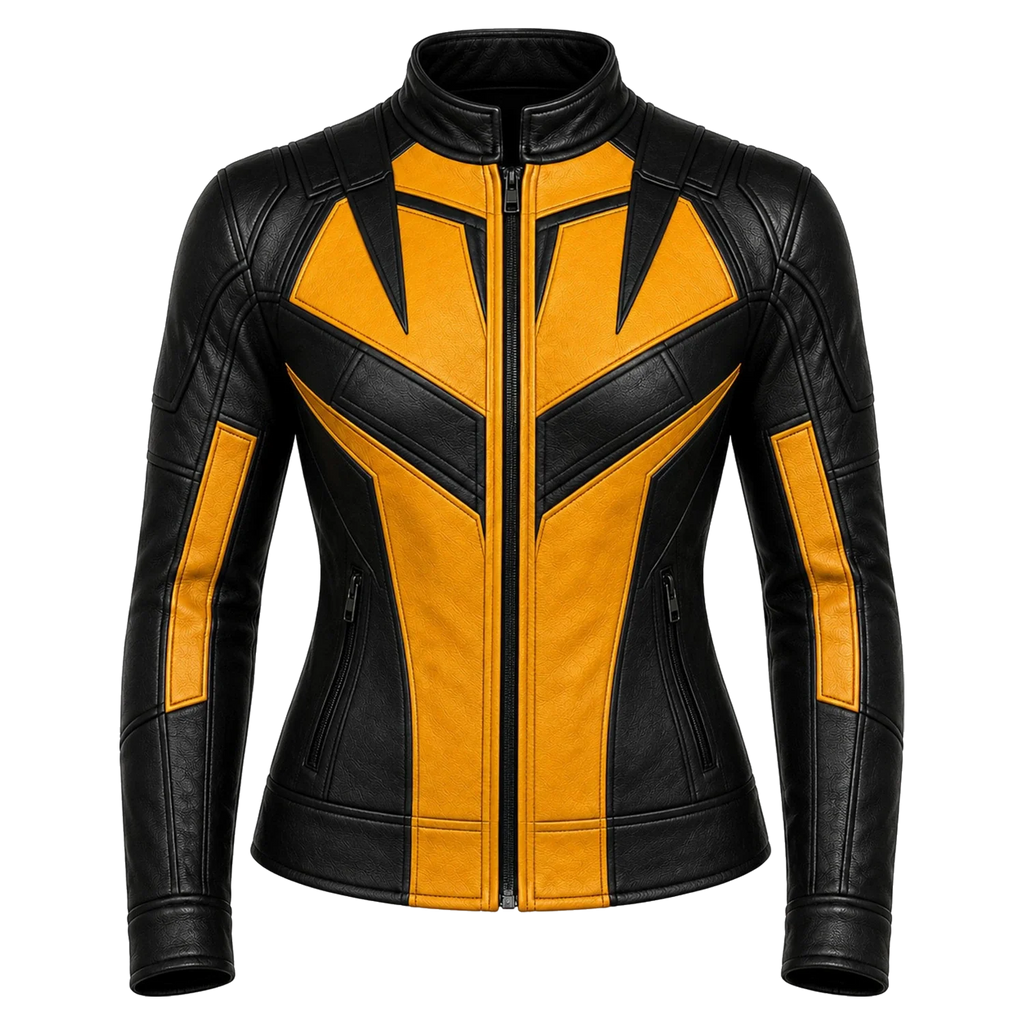 Women's Black Yellow Leather Moto Jacket  Stylish Zip-Up Biker Jacket