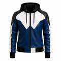 Women’s Blue Black White Hooded Leather Bomber Jacket | Color Block
