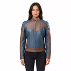 Women’s Blue and Taupe Leather Biker Jacket | Modern Moto Zip Jacket