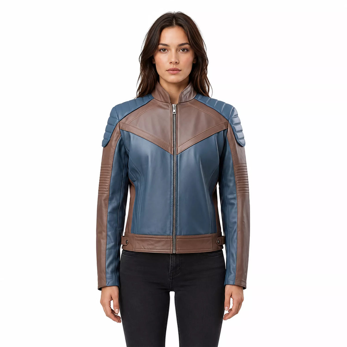 Women’s Blue and Taupe Leather Biker Jacket | Modern Moto Zip Jacket