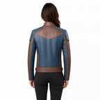 Women’s Blue and Taupe Leather Biker Jacket | Modern Moto Zip Jacket