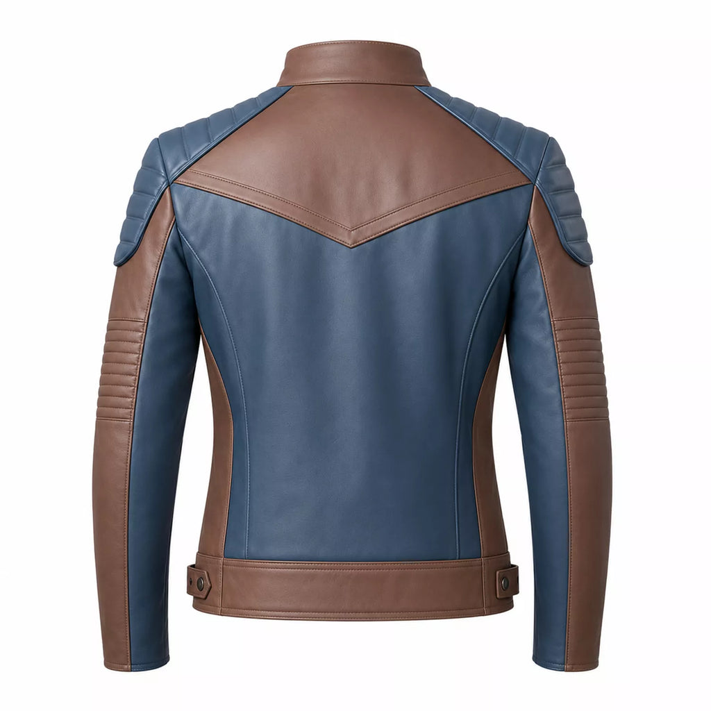 Women’s Blue and Taupe Leather Biker Jacket | Modern Moto Zip Jacket