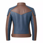 Women’s Blue and Taupe Leather Biker Jacket | Modern Moto Zip Jacket