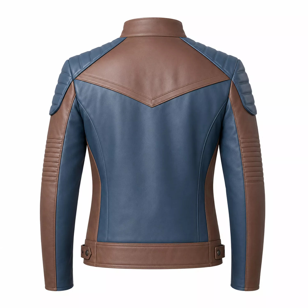Women’s Blue and Taupe Leather Biker Jacket | Modern Moto Zip Jacket