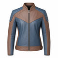 Women’s Blue and Taupe Leather Biker Jacket | Modern Moto Zip Jacket