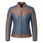 Women’s Blue and Taupe Leather Biker Jacket | Modern Moto Zip Jacket